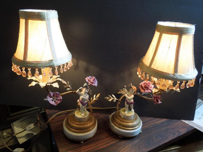 19th, Pr. of French Cherub Lamps, Bronze , China, Marble