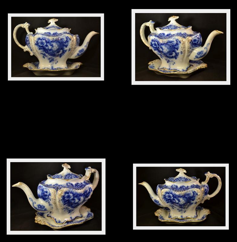 FINE ENGLISH PORCELAIN FLOW BLUE TEA POT, c1912, FINE CHINA, FLORAL