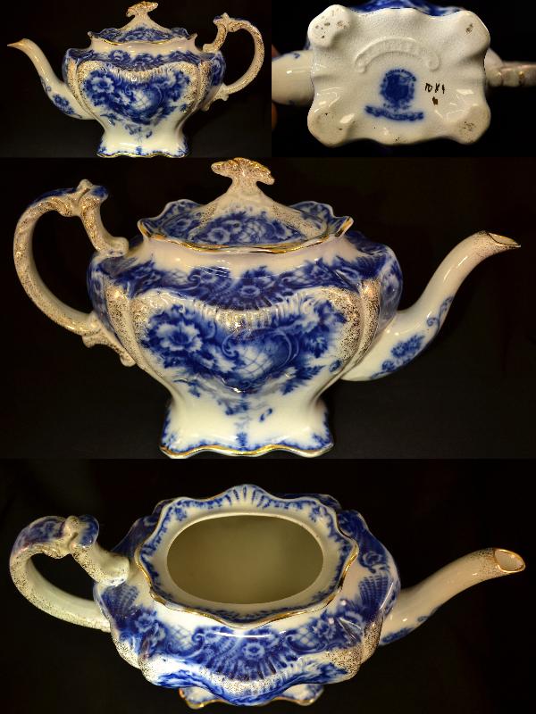 FINE ENGLISH PORCELAIN FLOW BLUE TEA POT, c1912, FINE CHINA, FLORAL