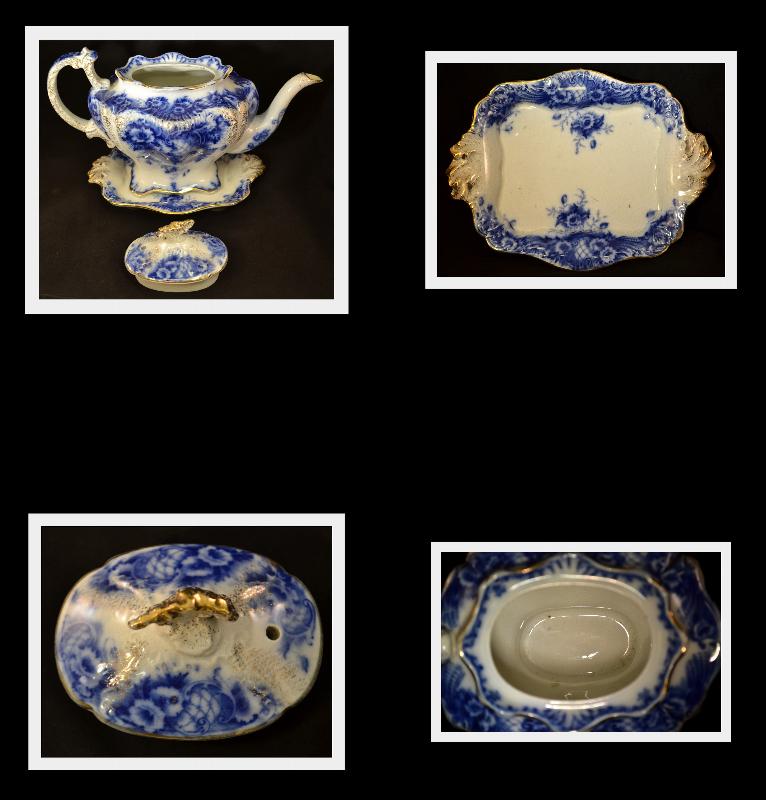 FINE ENGLISH PORCELAIN FLOW BLUE TEA POT, c1912, FINE CHINA, FLORAL
