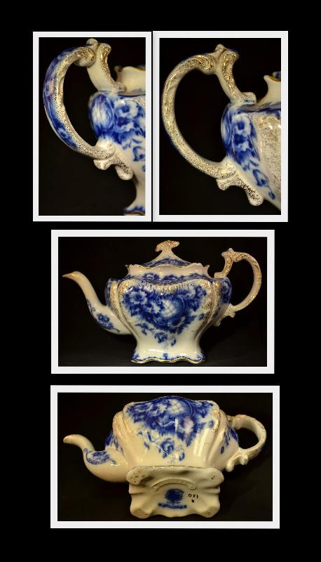 FINE ENGLISH PORCELAIN FLOW BLUE TEA POT, c1912, FINE CHINA, FLORAL