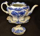 FINE ENGLISH PORCELAIN FLOW BLUE TEA POT, c1912, FINE CHINA, FLORAL