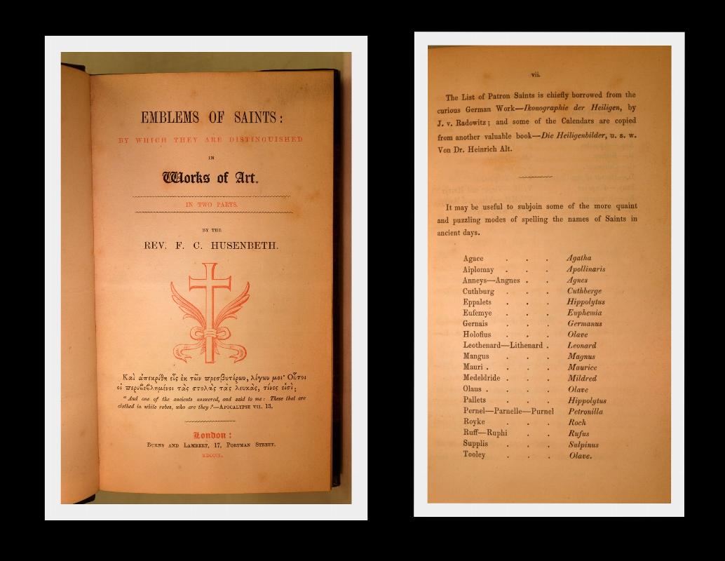 EMBLEMS OF SAINTS 1850 LEATHER NEAR FINE MARBLED PAPER