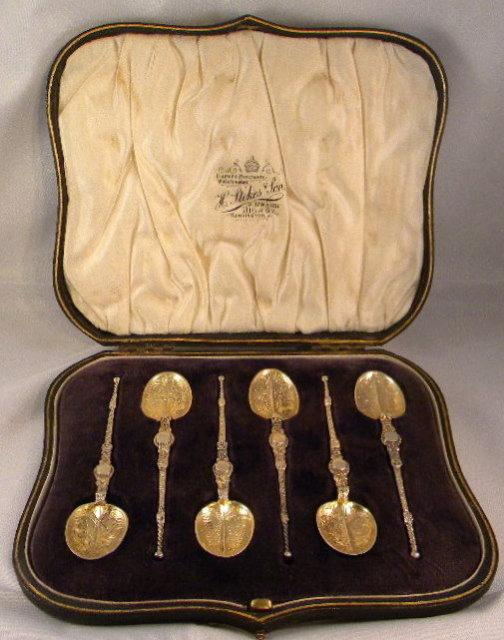Set of 6 Ornate Gold Gilded Silver Spoons Original Box