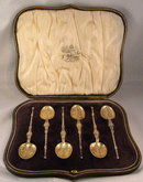 Set of 6 Ornate Gold Gilded Silver Spoons Original Box