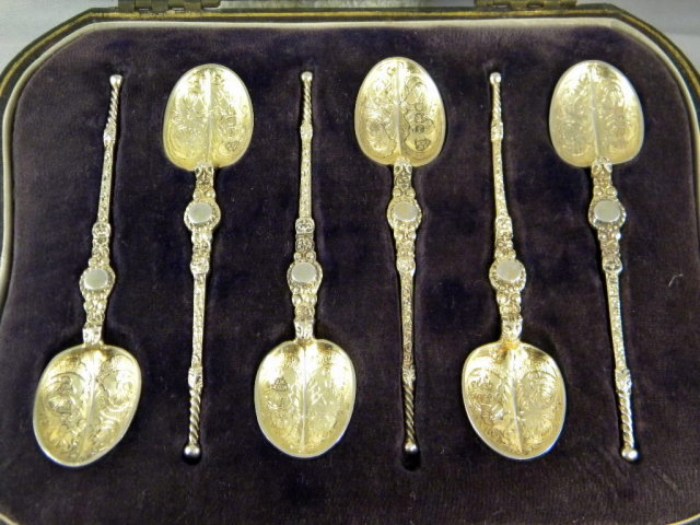 Set of 6 Ornate Gold Gilded Silver Spoons Original Box