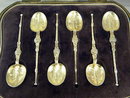 Set of 6 Ornate Gold Gilded Silver Spoons Original Box