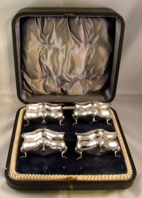 4 Art Nouveau Silver Salt Cellars, Original Box 1906