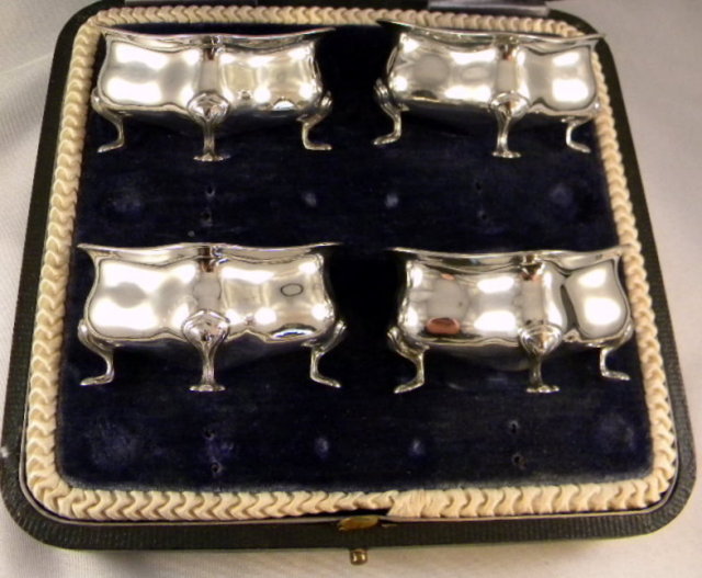 4 Art Nouveau Silver Salt Cellars, Original Box 1906