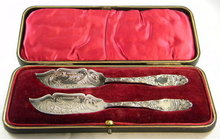 Heavily Engraved Victorian Silver Butter Knives, boxed 1897