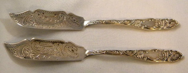 Heavily Engraved Victorian Silver Butter Knives, boxed 1897