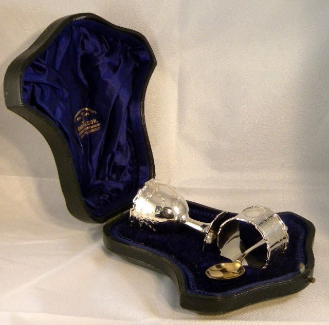 Fine Antique Sheffield Sterling Silver 3 Piece Christening Set, Original Box