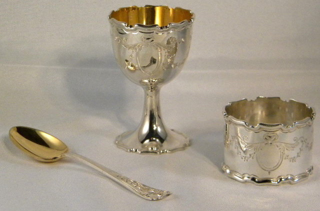 Fine Antique Sheffield Sterling Silver 3 Piece Christening Set, Original Box