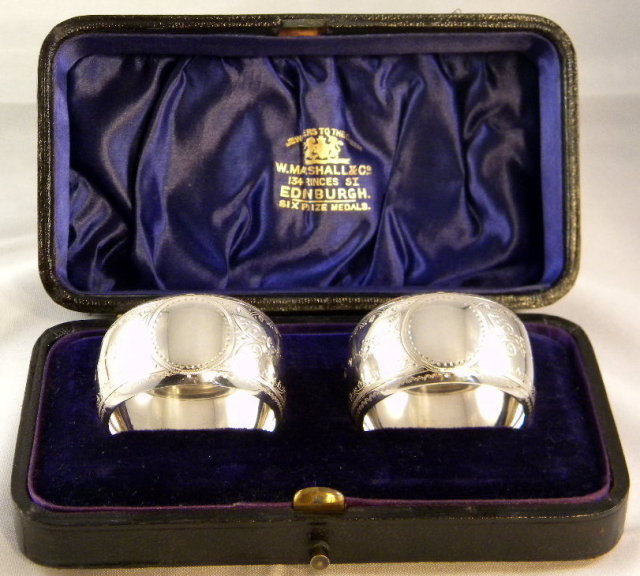 Boxed Pair Scottish Sterling Silver Napkin Rings, Edinburgh 1897