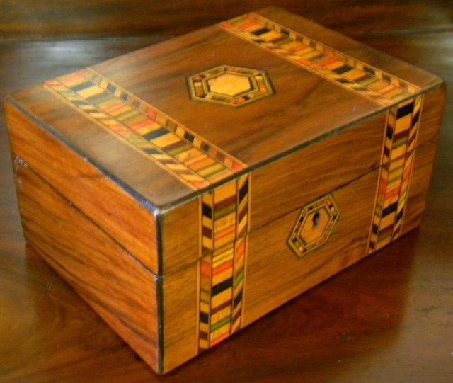 Victorian English Rosewood Dresser Box With Tunbridge Ware Inlays