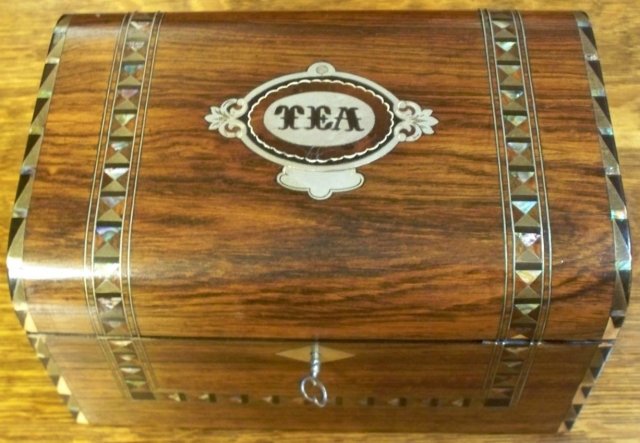 Victorian Rosewood English TEA Caddy Inlays of Silver, Abalone, & Ebony, 1860