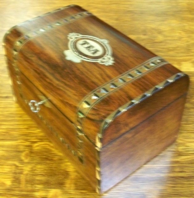 Victorian Rosewood English TEA Caddy Inlays of Silver, Abalone, & Ebony, 1860