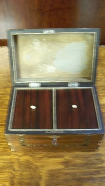 Victorian Rosewood English TEA Caddy Inlays of Silver, Abalone, & Ebony, 1860