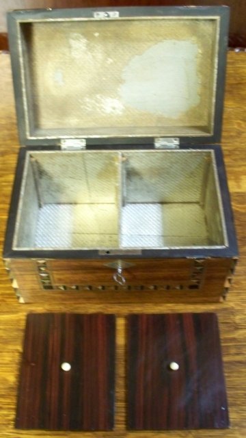 Victorian Rosewood English TEA Caddy Inlays of Silver, Abalone, & Ebony, 1860