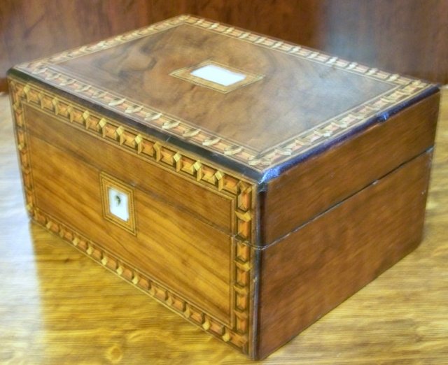 Antique Rosewood Inlaid Vanity Box With Tunbridge Ware & Mother Of Pearl Inlays,1870