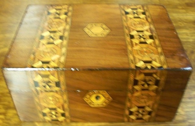 Antique Mahogany Box With Tunbridge Ware Banding Of Crusaders Crosses, 1870