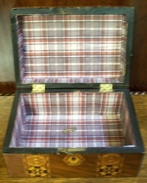 Antique Mahogany Box With Tunbridge Ware Banding Of Crusaders Crosses, 1870