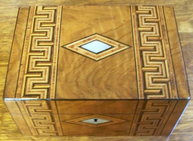 Antique English Walnut Jewel Box, Greek Key Inlays, 1880