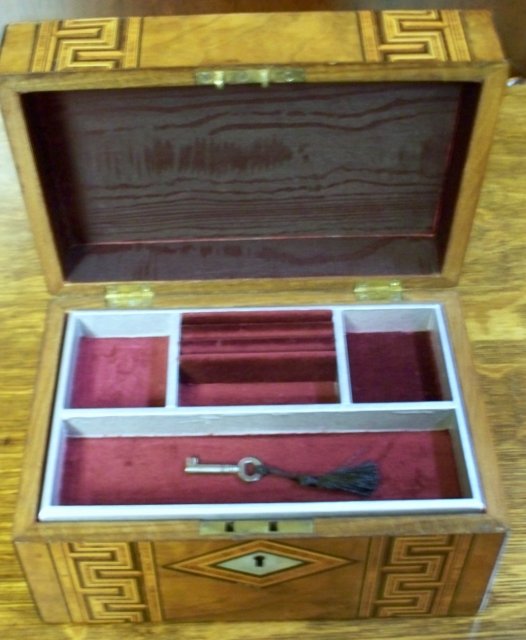 Antique English Walnut Jewel Box, Greek Key Inlays, 1880