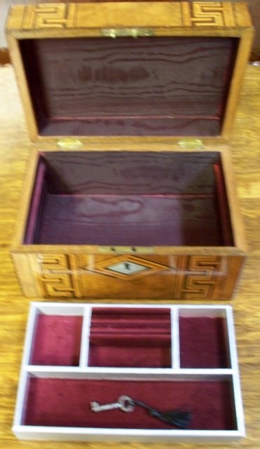 Antique English Walnut Jewel Box, Greek Key Inlays, 1880