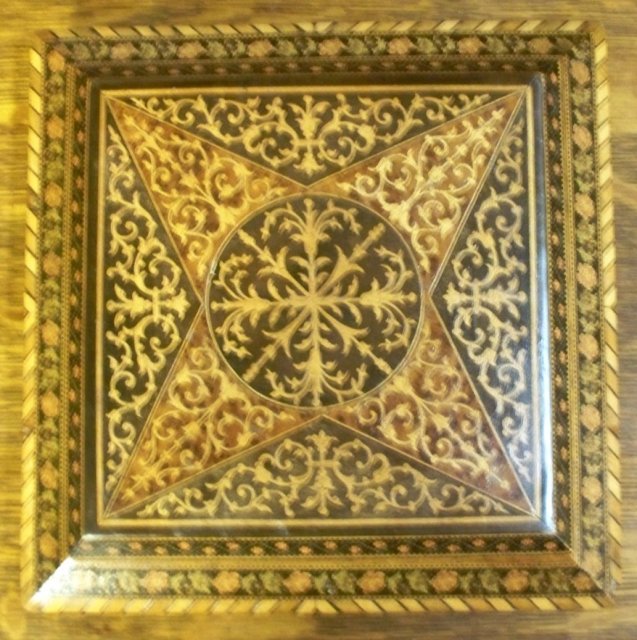Antique English Jewel Box With Micro Mosaic Inlays, Silk Tufted Lining, 1880