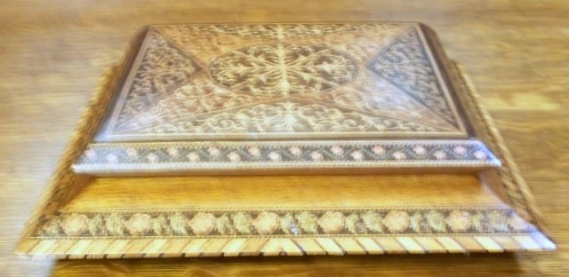 Antique English Jewel Box With Micro Mosaic Inlays, Silk Tufted Lining, 1880