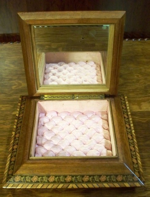 Antique English Jewel Box With Micro Mosaic Inlays, Silk Tufted Lining, 1880