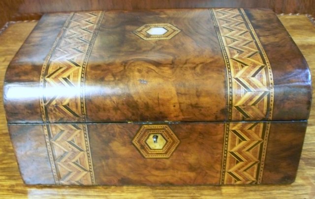 English Burl Walnut Box With Inlaid Tunbridge Ware Banding, 1870