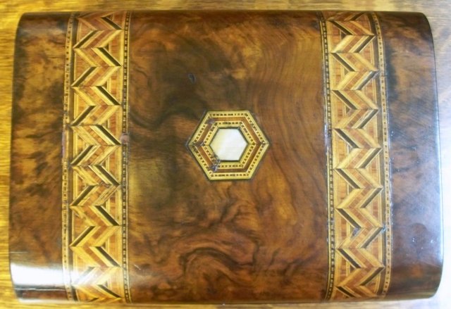 English Burl Walnut Box With Inlaid Tunbridge Ware Banding, 1870