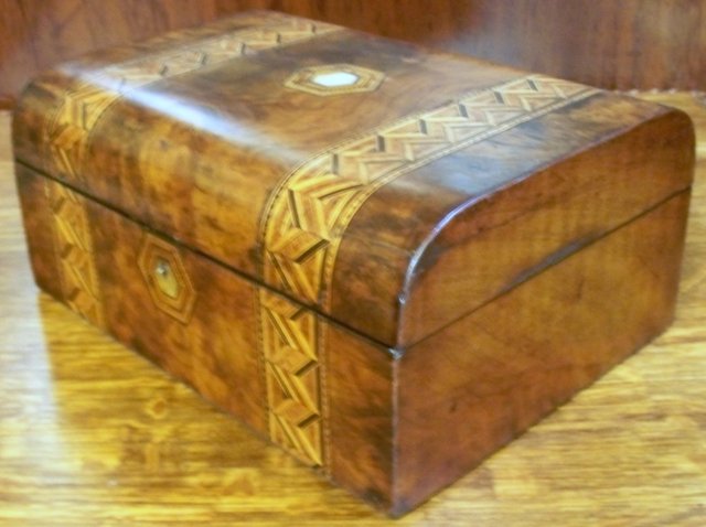 English Burl Walnut Box With Inlaid Tunbridge Ware Banding, 1870