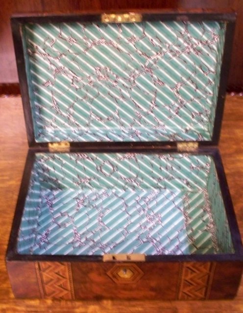 English Burl Walnut Box With Inlaid Tunbridge Ware Banding, 1870