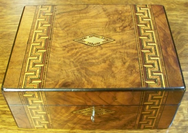 English Antique Burl Walnut Jewelry Box With Tunbridge Ware Inlays, 1860