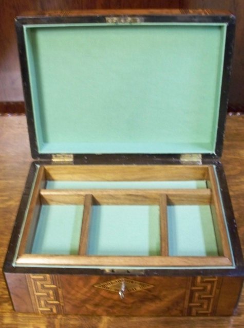 English Antique Burl Walnut Jewelry Box With Tunbridge Ware Inlays, 1860