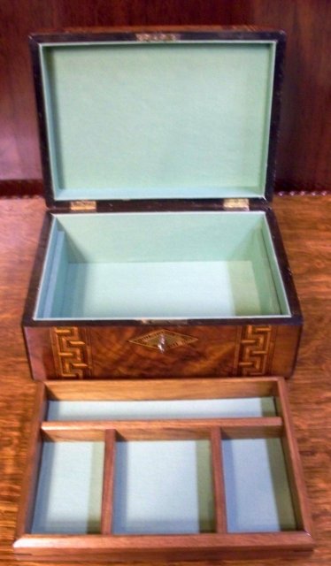 English Antique Burl Walnut Jewelry Box With Tunbridge Ware Inlays, 1860