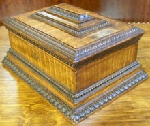 Antique English Carved Oak Jewelry Box, Fitted Tray & Mirror, 1890