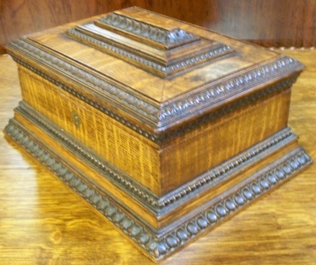 Antique English Carved Oak Jewelry Box, Fitted Tray & Mirror, 1890