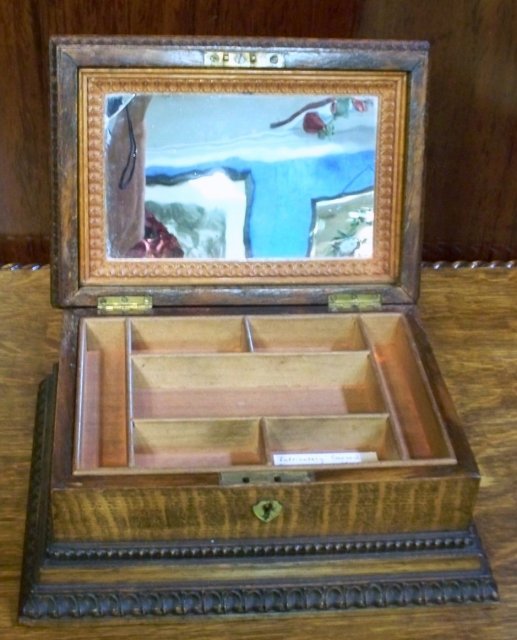 Antique English Carved Oak Jewelry Box, Fitted Tray & Mirror, 1890