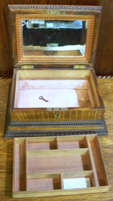 Antique English Carved Oak Jewelry Box, Fitted Tray & Mirror, 1890