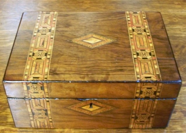 English 19th. Century Mahogany Box With Tunbridge Ware Inlaid Banding, 1870