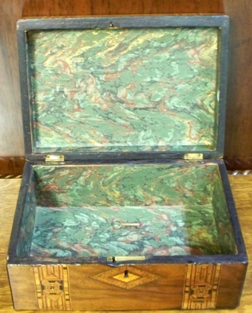 English 19th. Century Mahogany Box With Tunbridge Ware Inlaid Banding, 1870