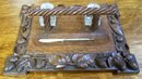 Antique Carved Oak Desk Set, Black Forest Germany, Inkwells, Pen, 1860
