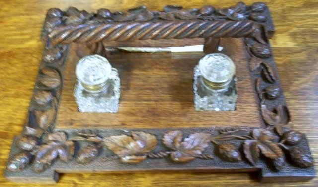 Antique Carved Oak Desk Set, Black Forest Germany, Inkwells, Pen, 1860