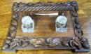 Antique Carved Oak Desk Set, Black Forest Germany, Inkwells, Pen, 1860