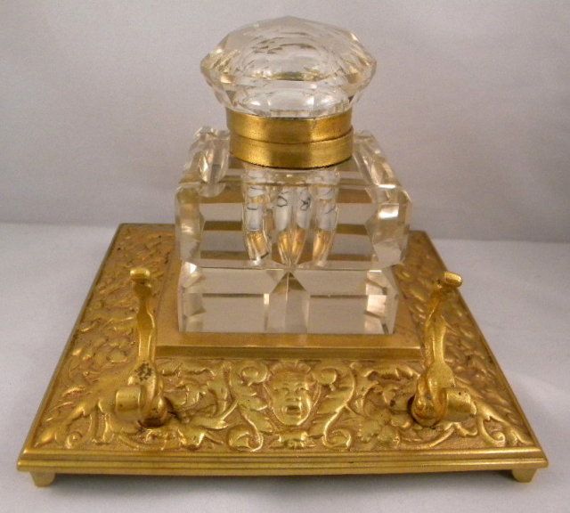 English Antique Square Brass Inkstand With Large Cut Glass Inkwell, Penholder