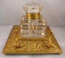 English Antique Square Brass Inkstand With Large Cut Glass Inkwell, Penholder
